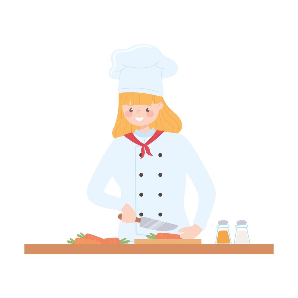 chef mujer cortando zanahorias en el tablero de madera de dibujos animados vector