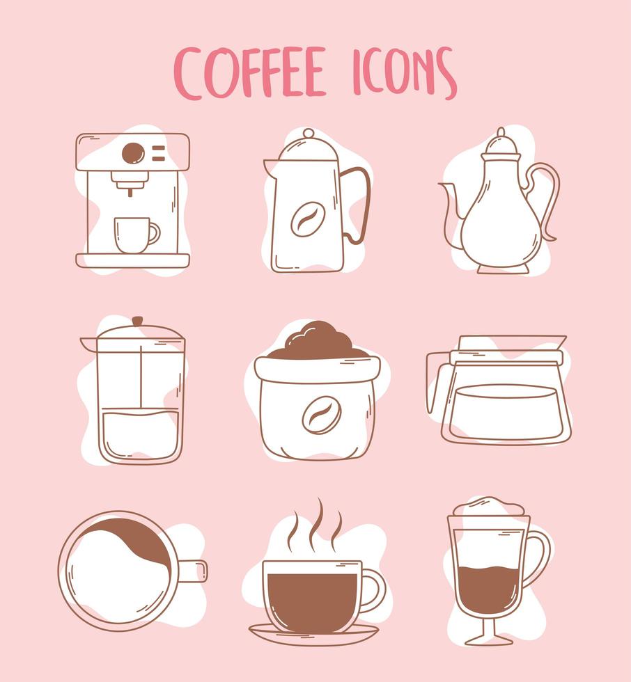 coffee machine espresso cup french press teapot and cup icons line and fill vector