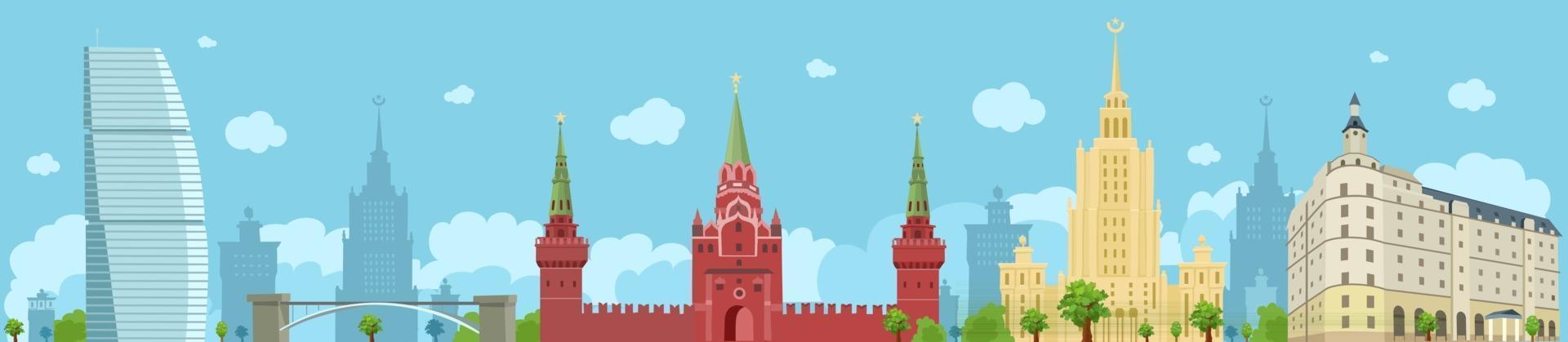 Panorama of Moscow with the Kremlin, the Stalinist skyscraper, a hotel. Sights of Moscow. Vector flat illustration