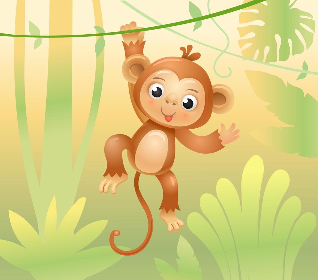 The monkey jumps on branches and vines. Cheerful monkey. Animals in the jungle. Joyful monkey. Vector illustration