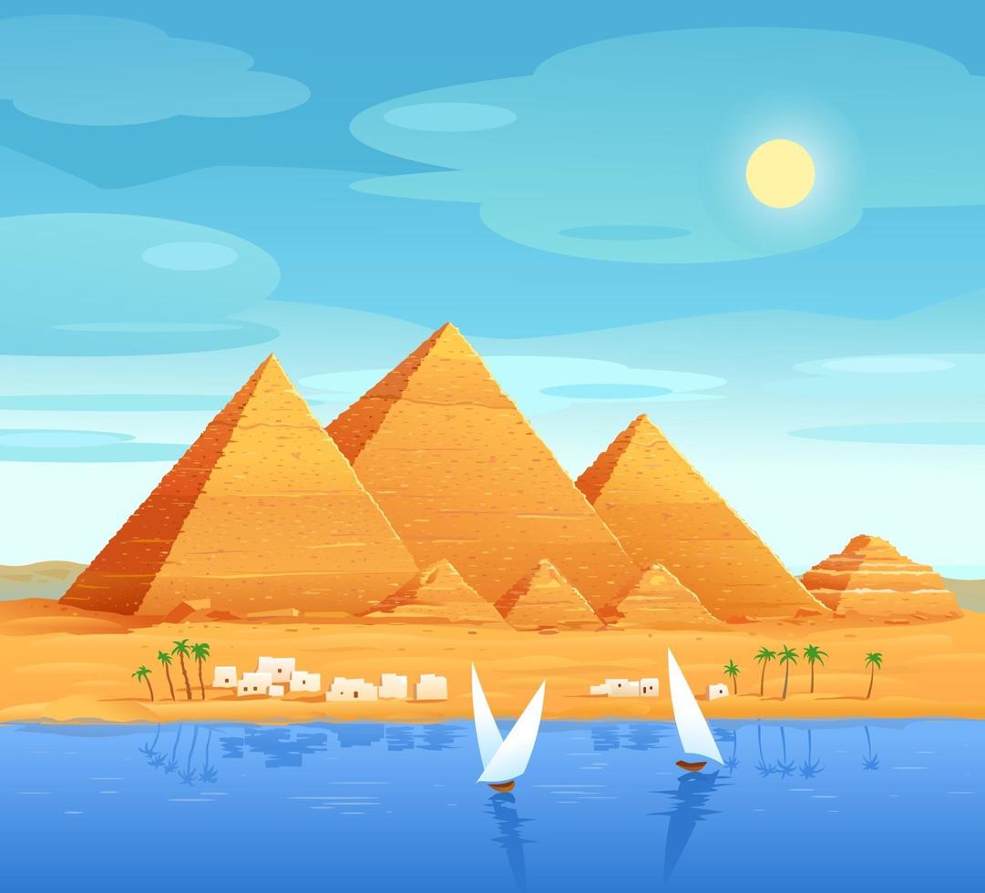 The pyramids of Egypt. Egyptian pyramids on the river. The Cheops Pyramid in Cairo, in Giza. Egyptian stone structures. Vector illustration