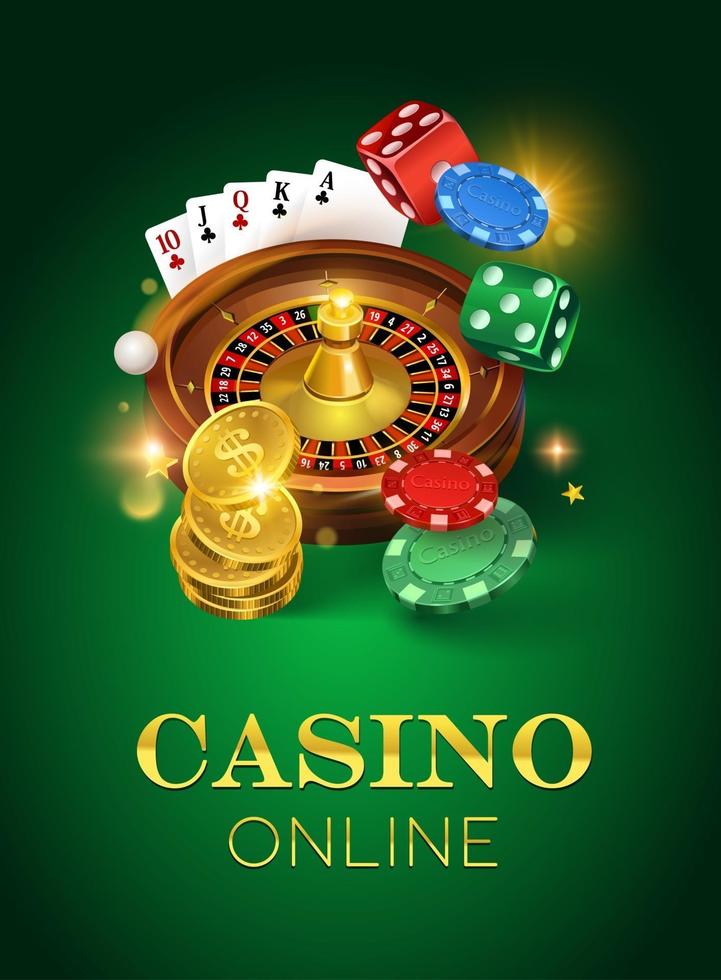 Online casino on a green background. Dice, gold coins, cards, roulette and chips. Vector illustration of a vertical format