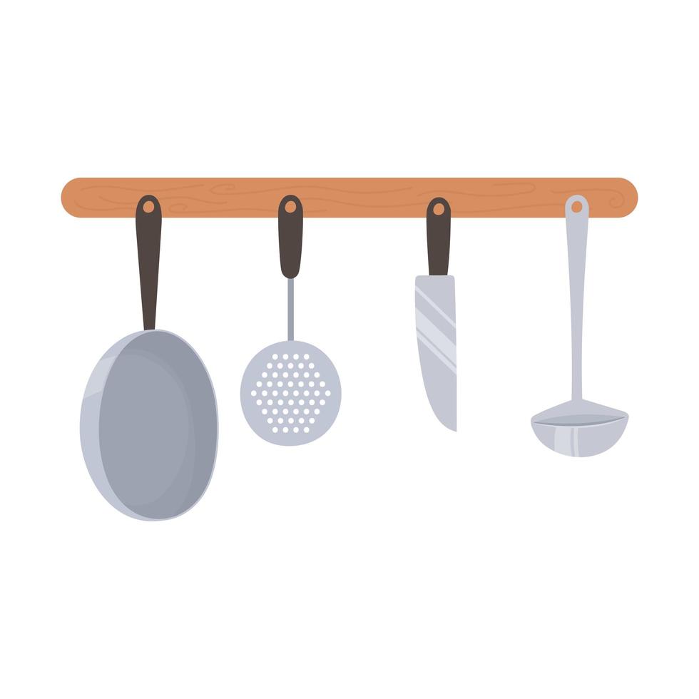 kitchen hanging utensil knife saucepan ladle and spatula vector