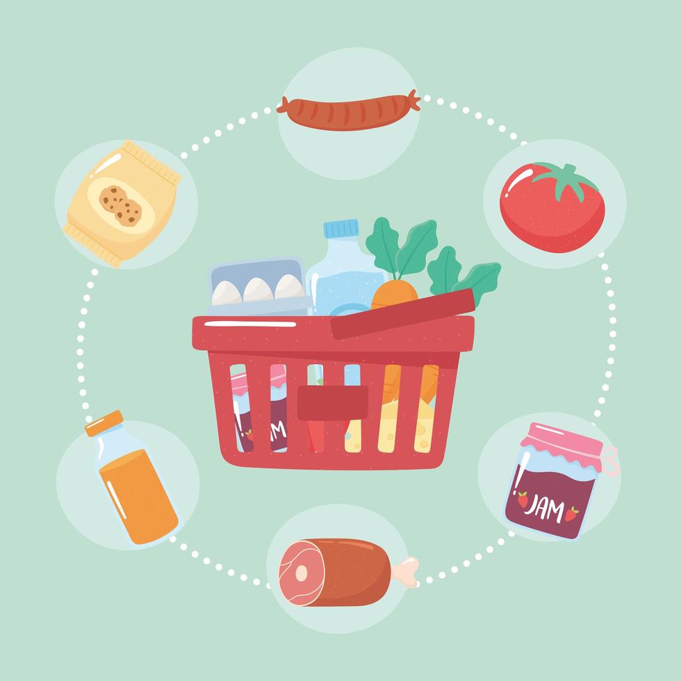 plastic basket full products market, grocery purchases vector