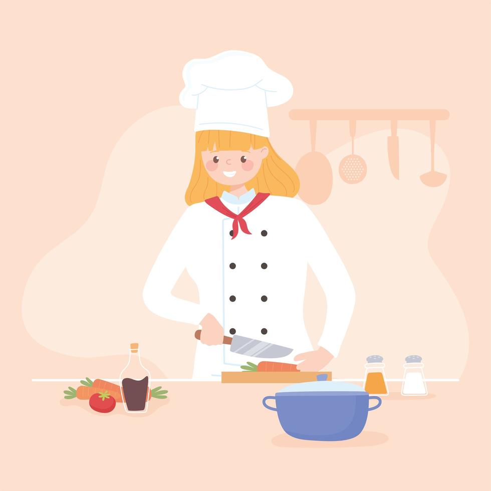 woman slicing fresh vegetables like carrots in the kitchen vector