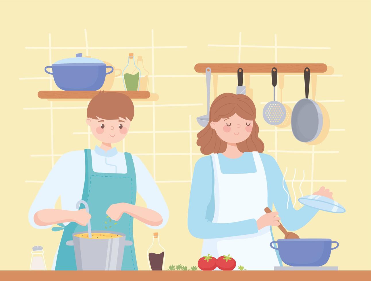 female and male chef in preparing dinner together vector