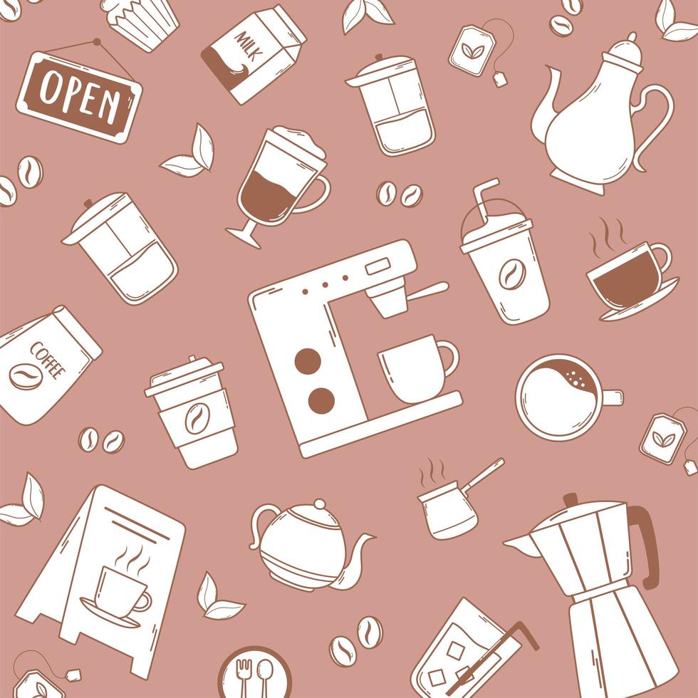 coffee machine frappe latte moka pot kettle and beans pink background vector