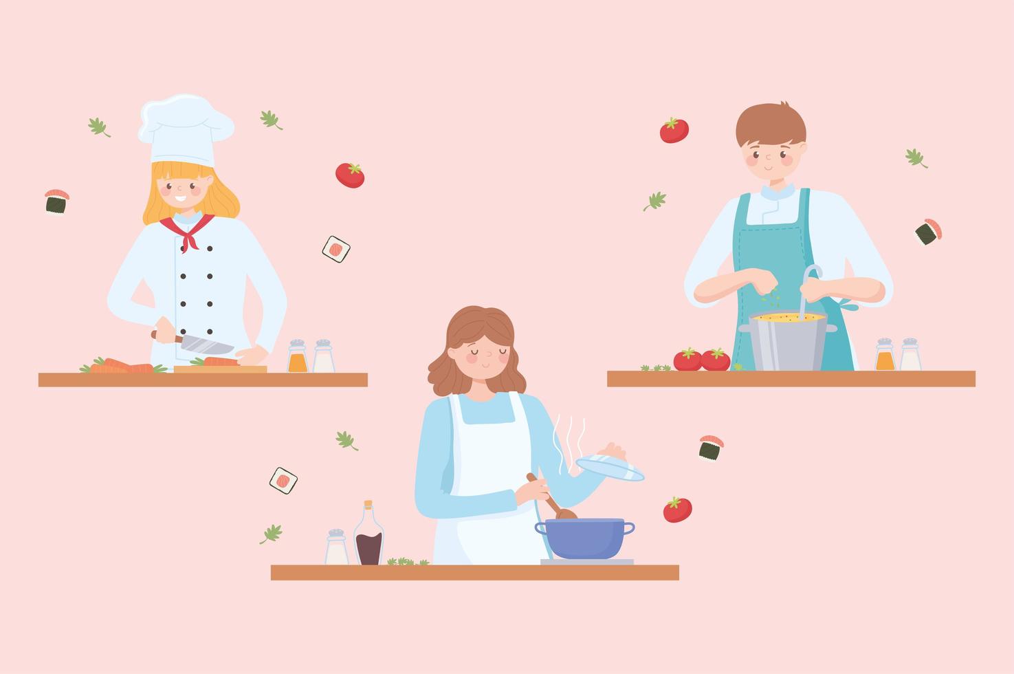 professional chefs, man and woman chef in restaurant or home vector