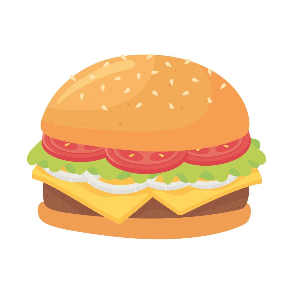 fast food, delicious hamburger with tomato cheese and onion icon isolated design vector