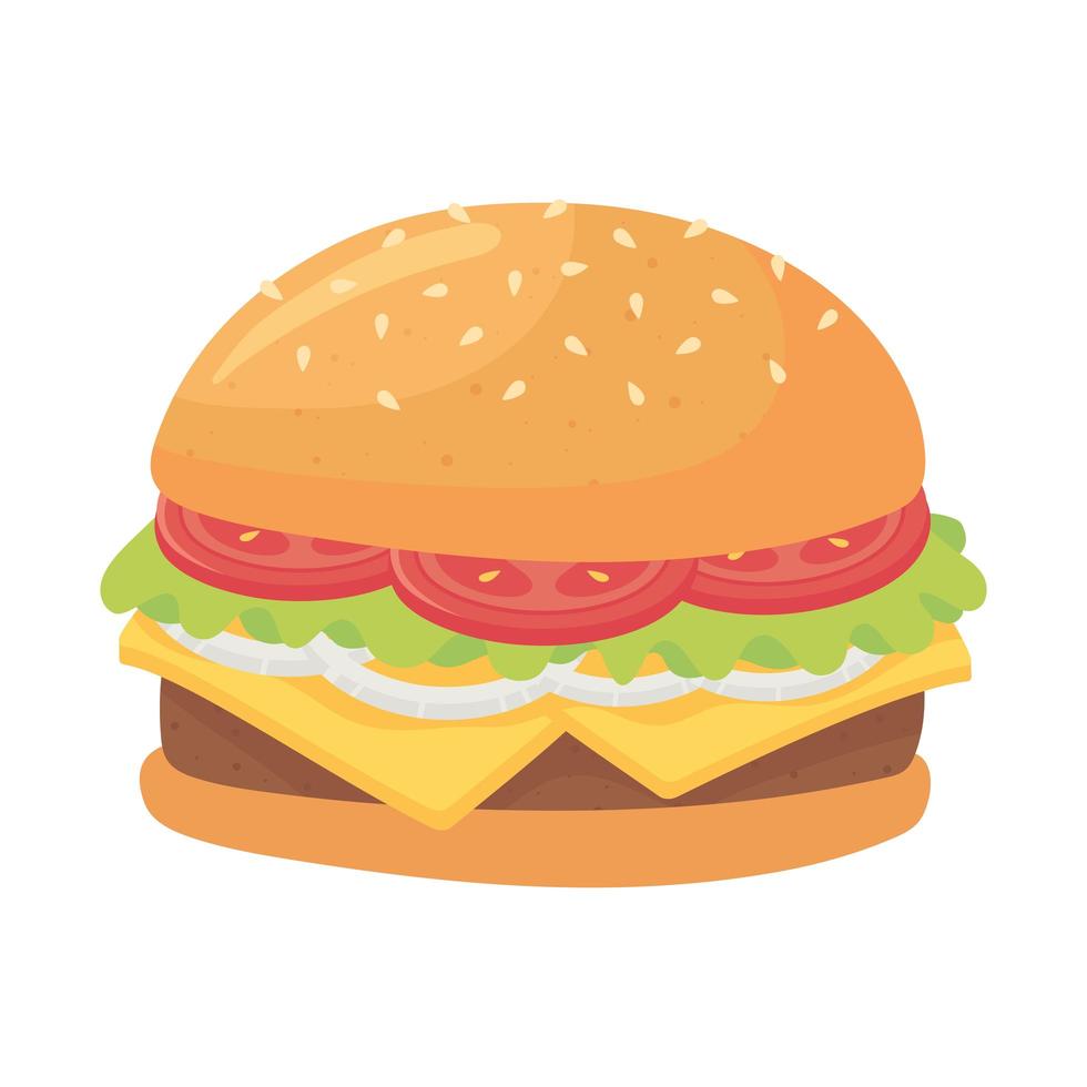 Comida rápida, deliciosa hamburguesa con tomate, queso y cebolla icono diseño aislado vector