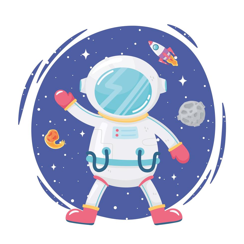 space adventure cartoon astronaut moon rocket and comet vector