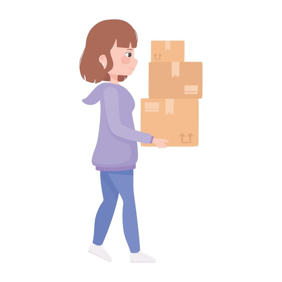 mujer joven, proceso de llevar, cajas de cartón, caricatura vector