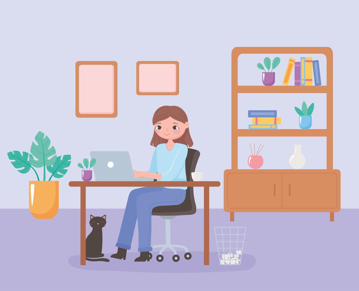 daily routine scene, woman working at her desk with cat at home vector