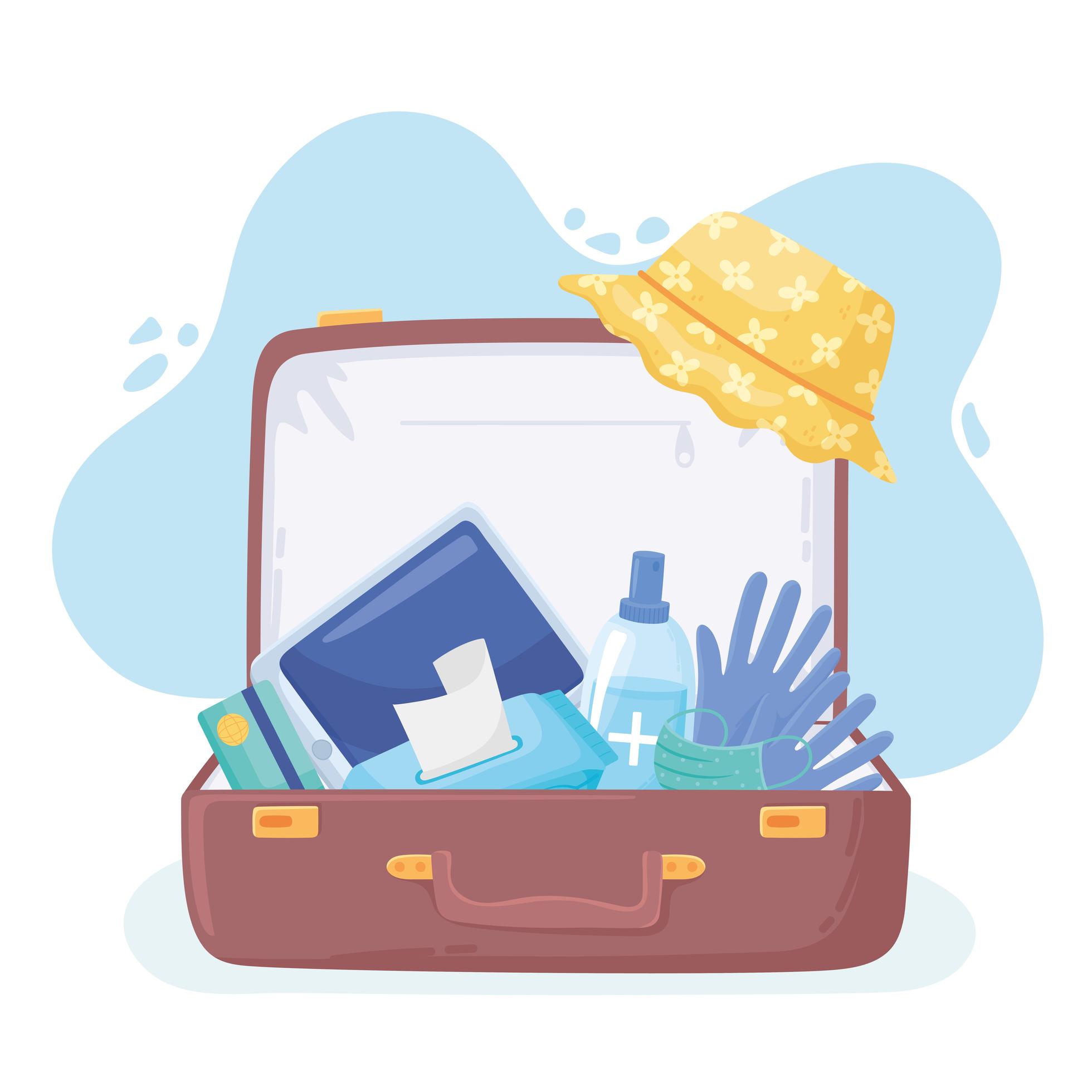 new normal, suitcase for travel with medical products, after covid 19