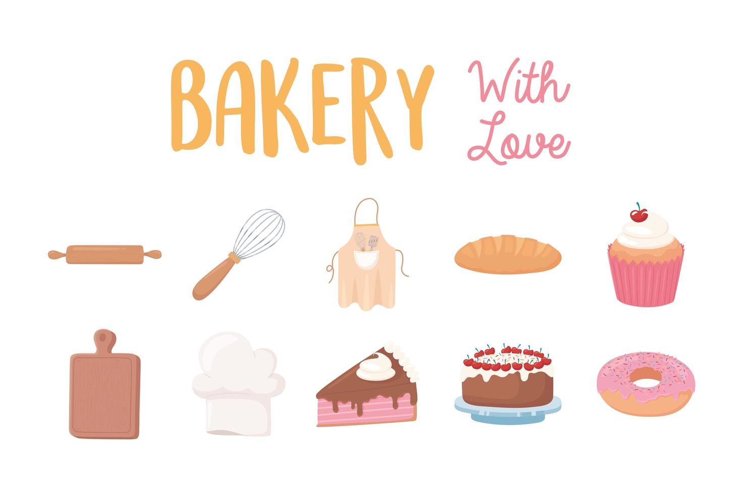 bakery with love icons donut cake cupcake bread and utensils vector