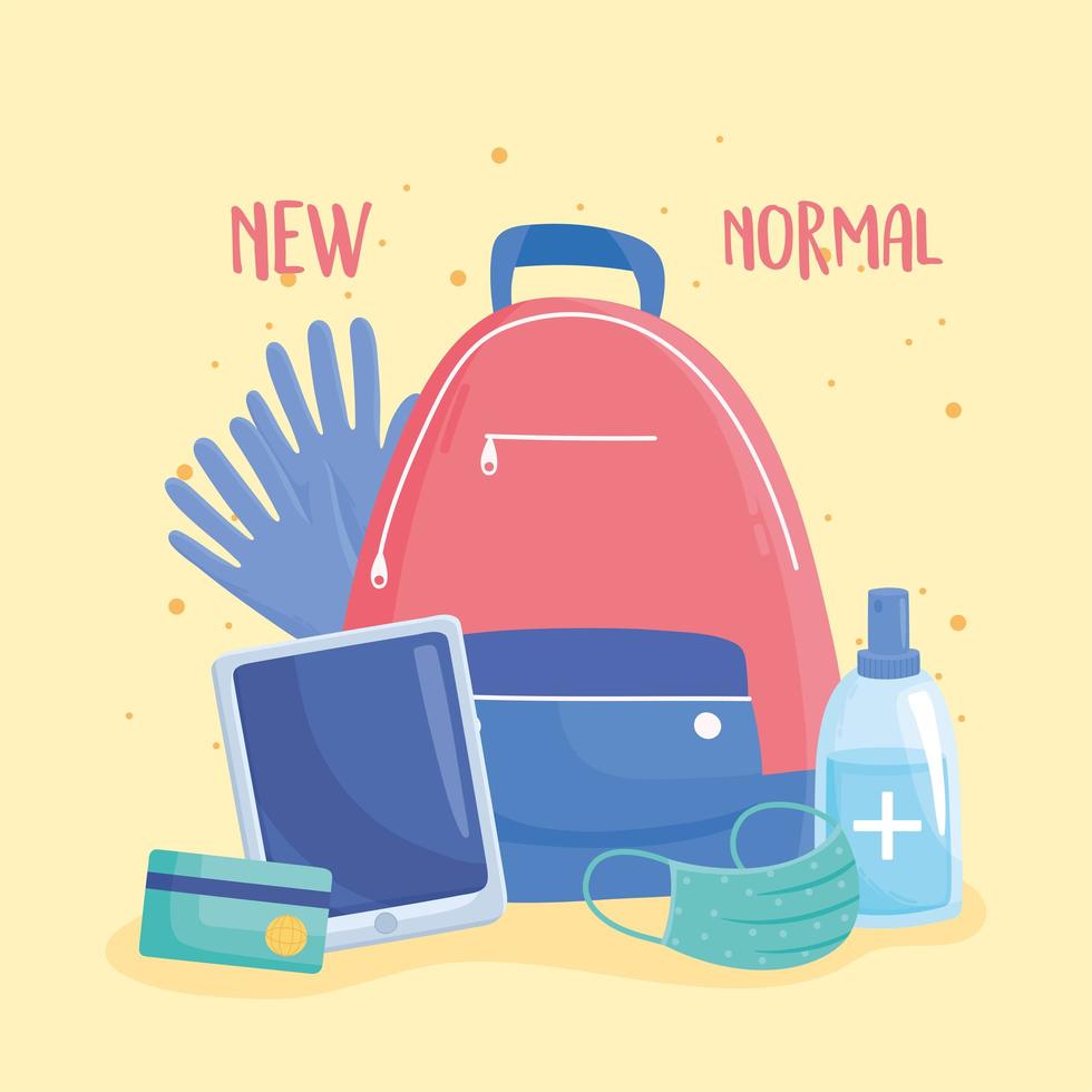 new normal, backpack with gloves mask gel sanitizer and mobile vector