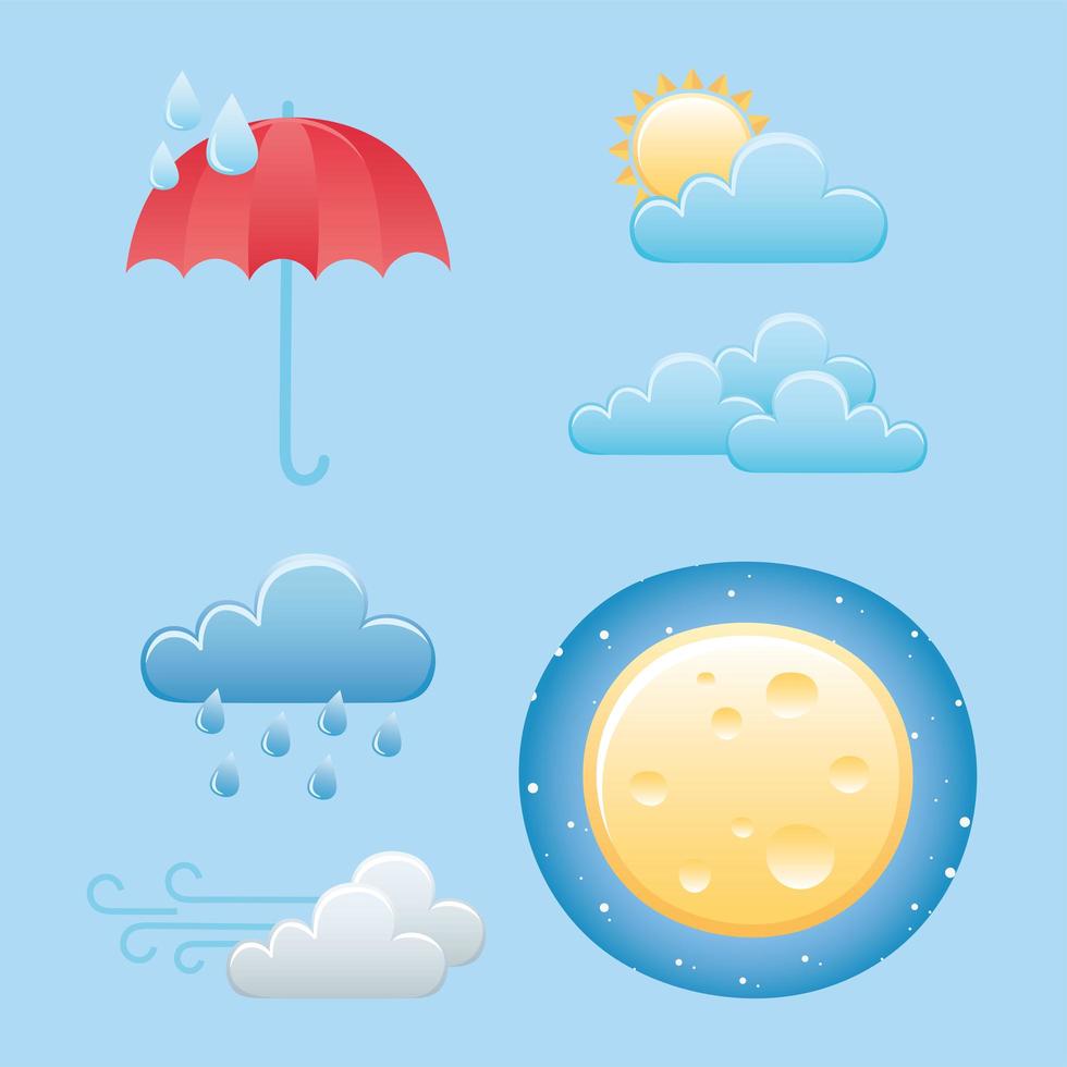 iconos del tiempo luna, lluvia, frío y diseño del día del sol vector