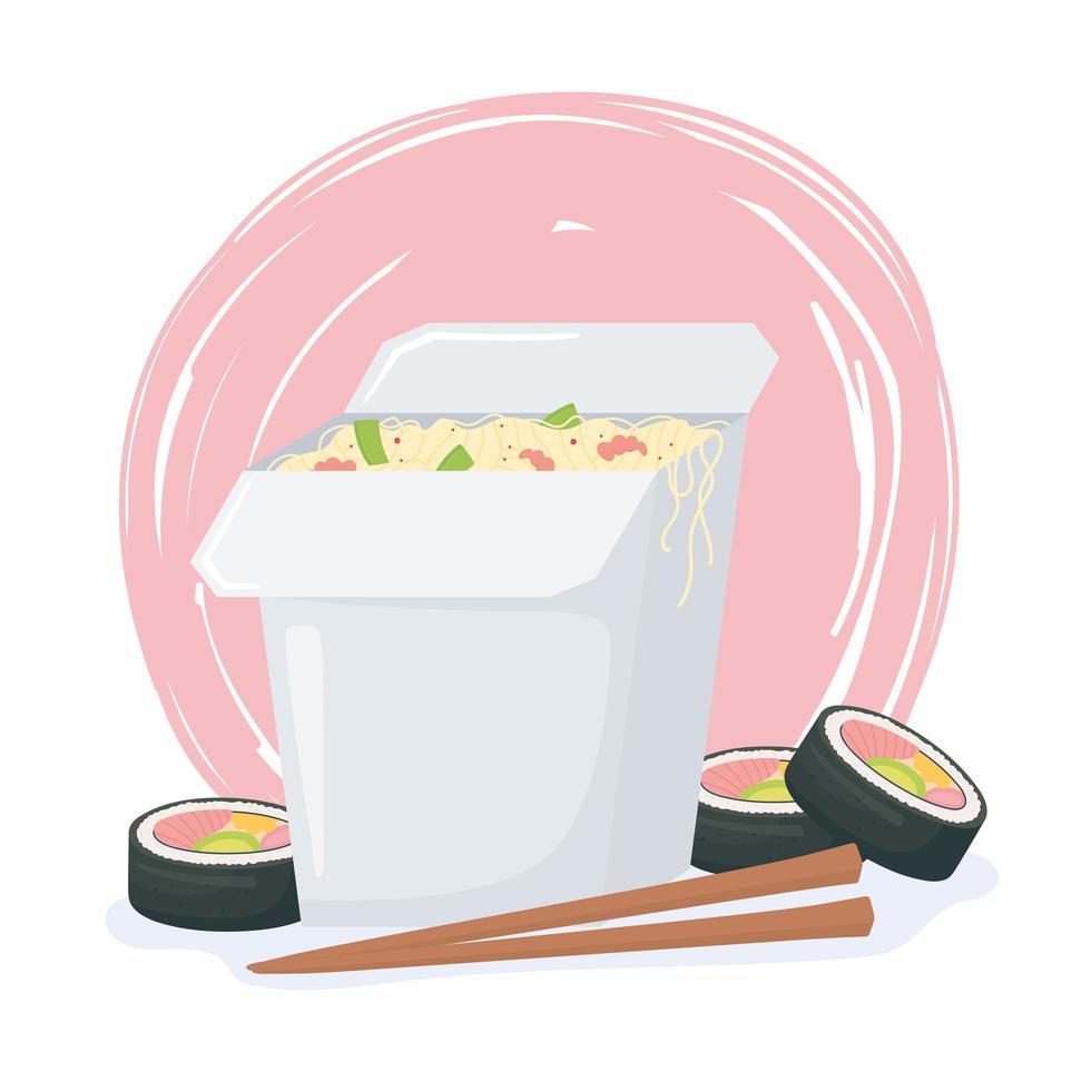 fast food, chinese sushi noodles with chopsticks design vector