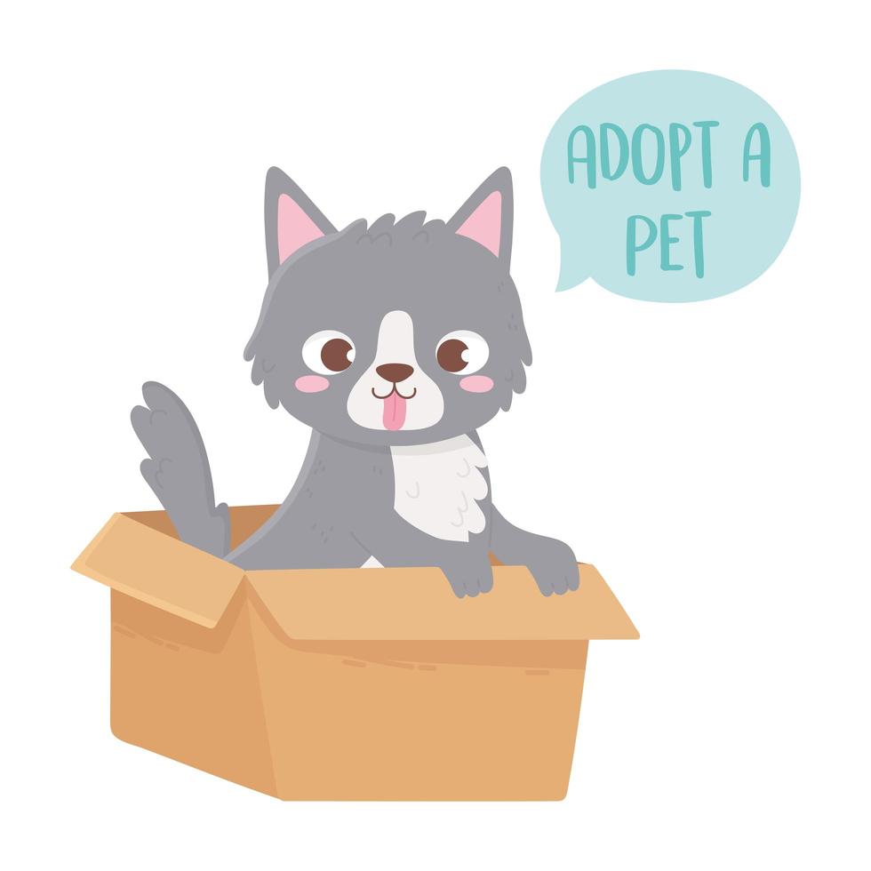 Adopta una mascota, un lindo perrito con la lengua fuera en la caja. vector