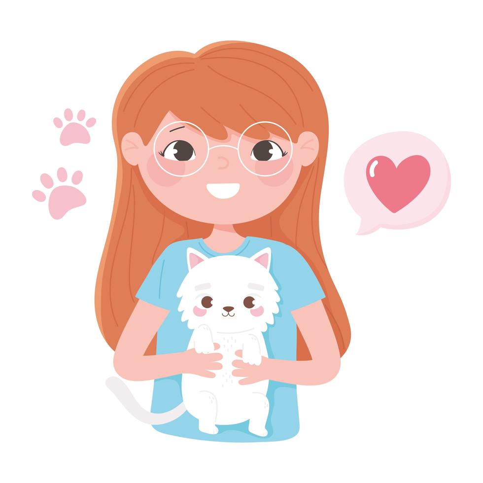 linda chica un pequeño gato blanco, adopta una mascota vector