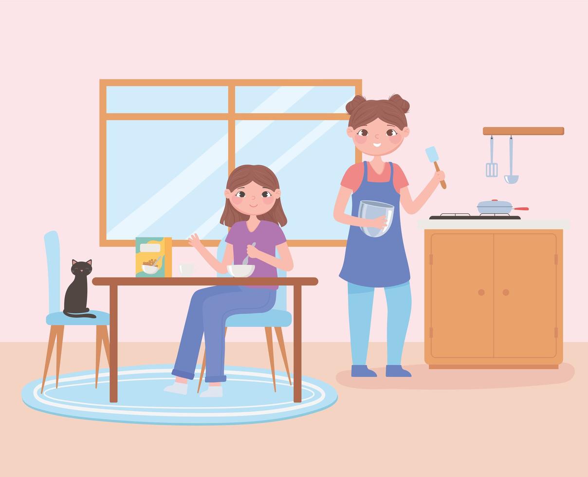 daily routine scene, woman and daughter eating healthy food of breakfast vector