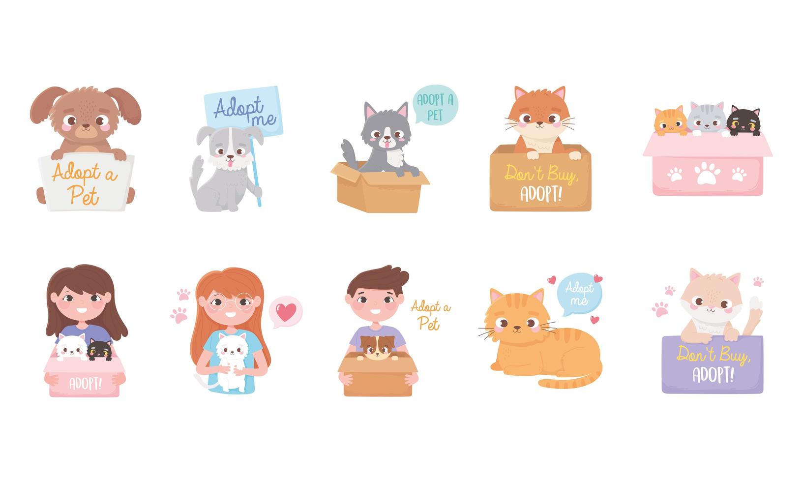 adopt a pet, icons set of people with cats and dogs cartoon vector
