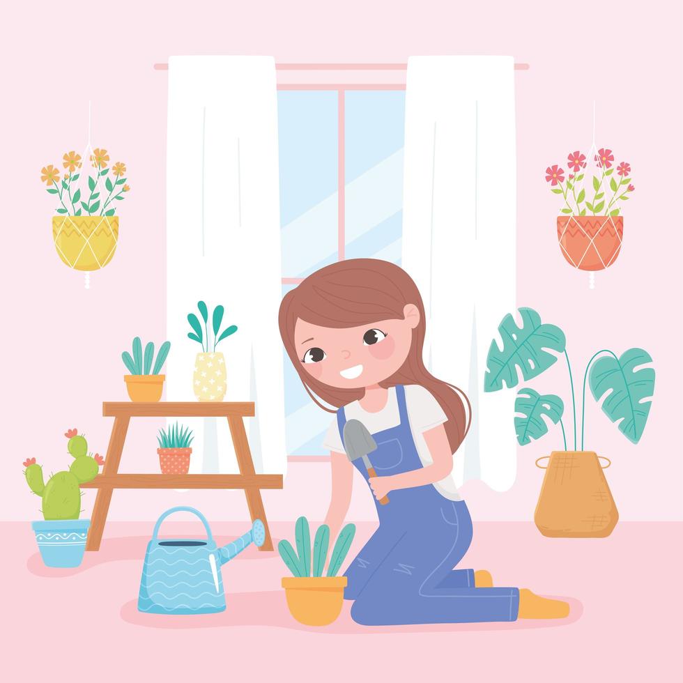 home gardening, girl at room with plants growing in pots vector