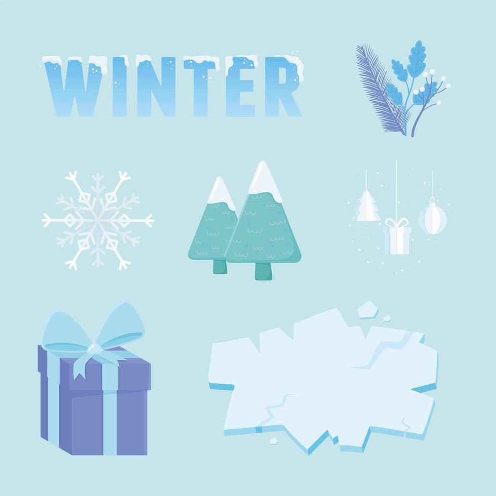 colección de iconos de rebajas de invierno, regalo de árbol de letras y hielo vector
