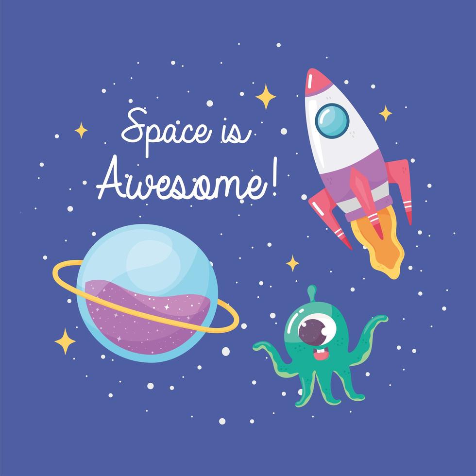 spaceship planet and alien space galaxy astronomy in cartoon style vector