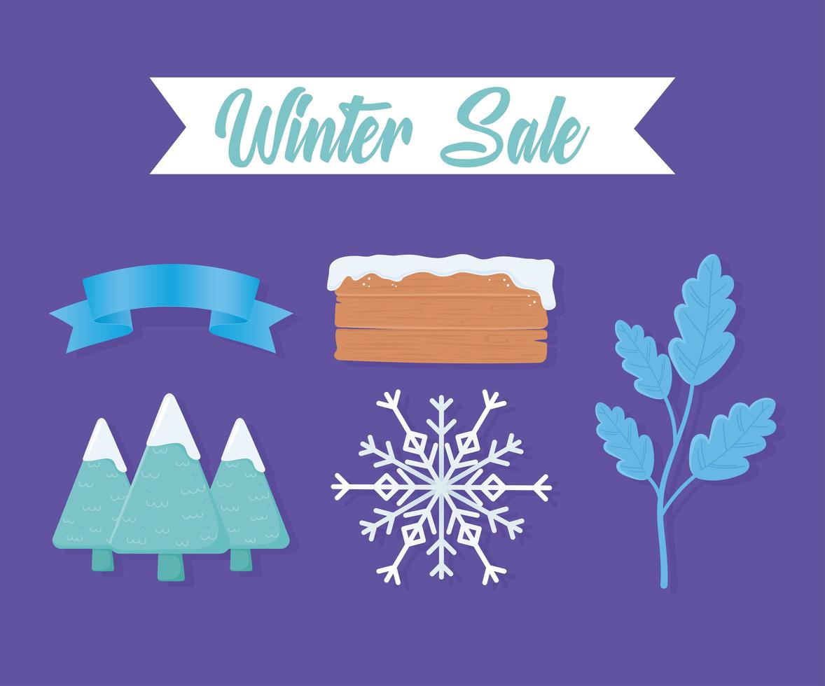 Venta de invierno establecer iconos de árbol, tablero de madera, copos de nieve y árbol vector