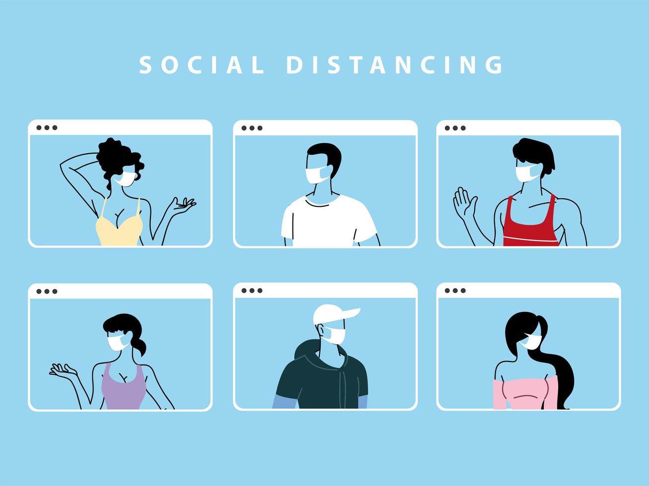 group of people talking in videocall conference, social distancing vector