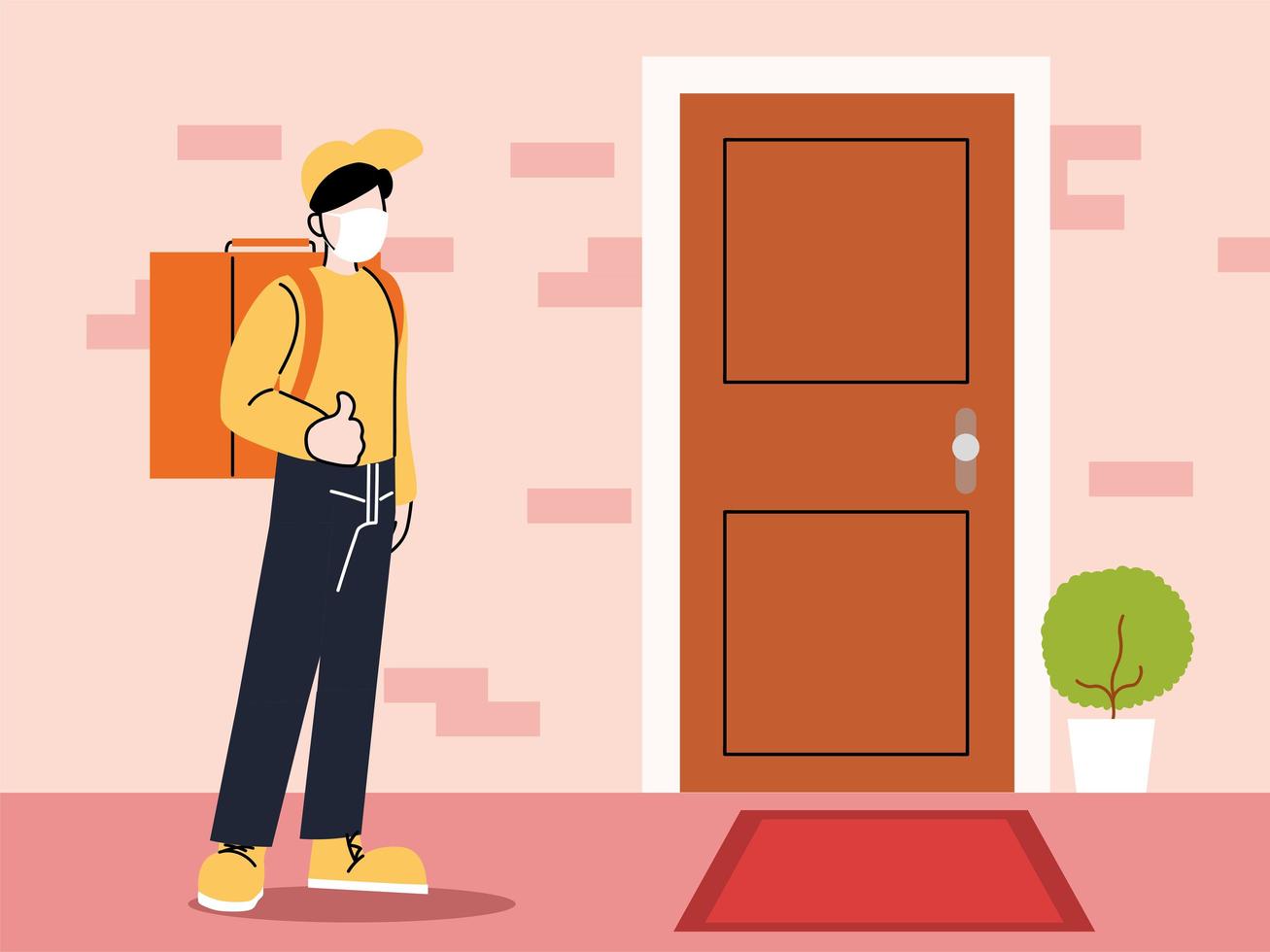 safe food delivery, man courier with face mask and delivery backpack vector