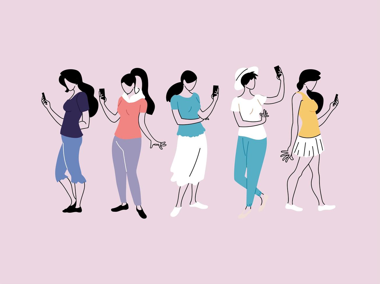 set of women using smartphone, women with mobiles devices vector