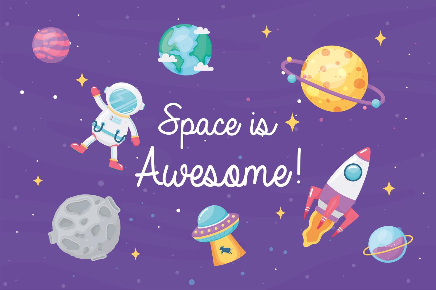 astronaut spaceship planet and ufo space is awesome in cartoon style vector