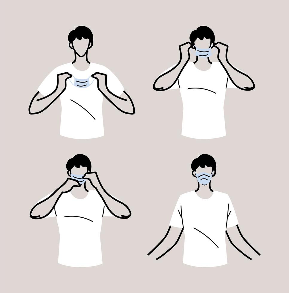 how to wear a mask correct, men presenting the correct method of wearing a medical mask vector