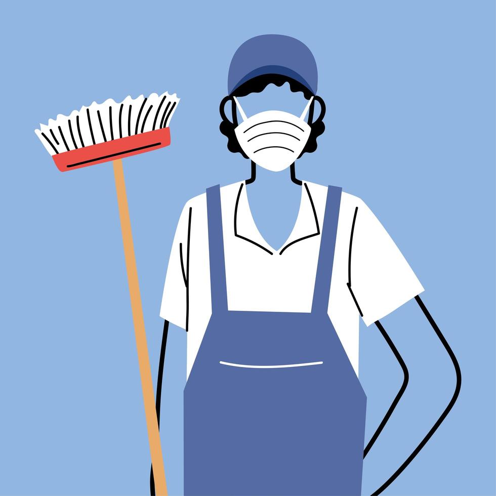 cleaning man with medical mask and work team vector