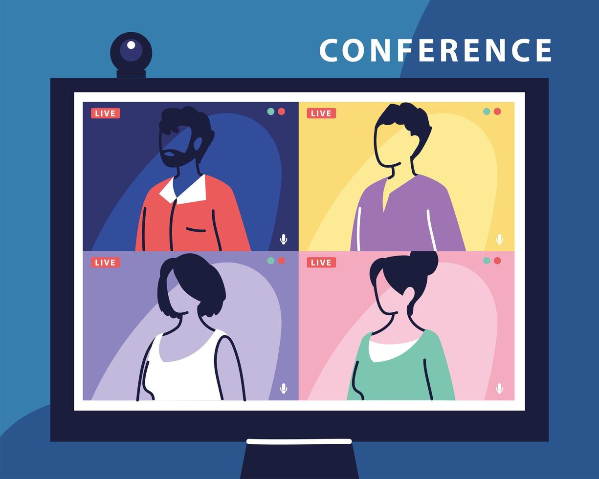 people talking to each other on the computer screen, conference video call, working from home vector