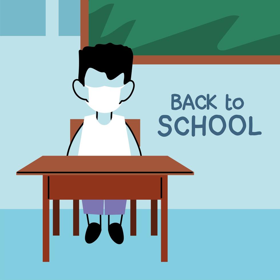 back to school, boy studying in classroom with face masks vector