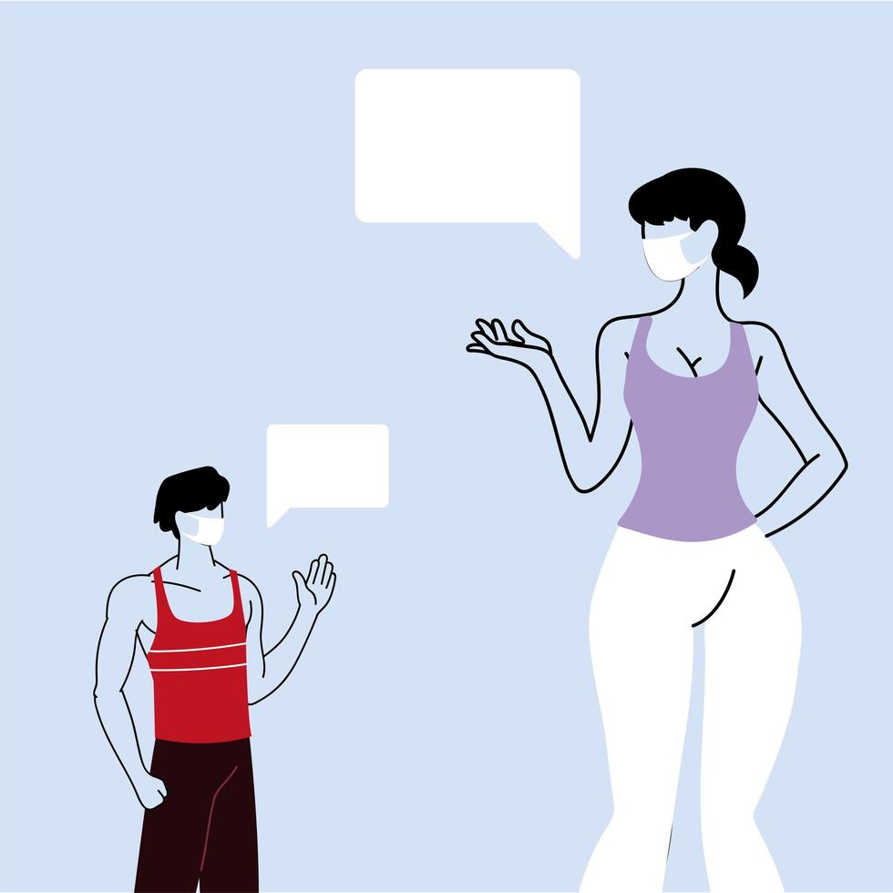man and woman talk with distance to prevent infection of coronavirus or covid 19 vector