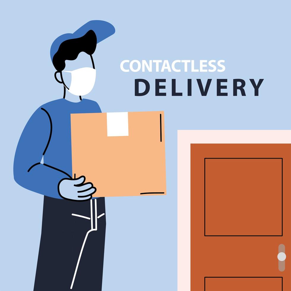 contactless deliver, man courier in a mask delivers goods to the door vector