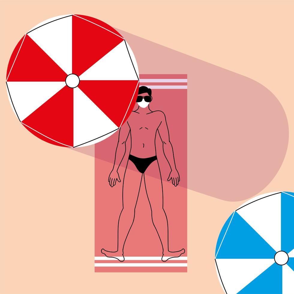 man sunbathes on the beach in a mask vector