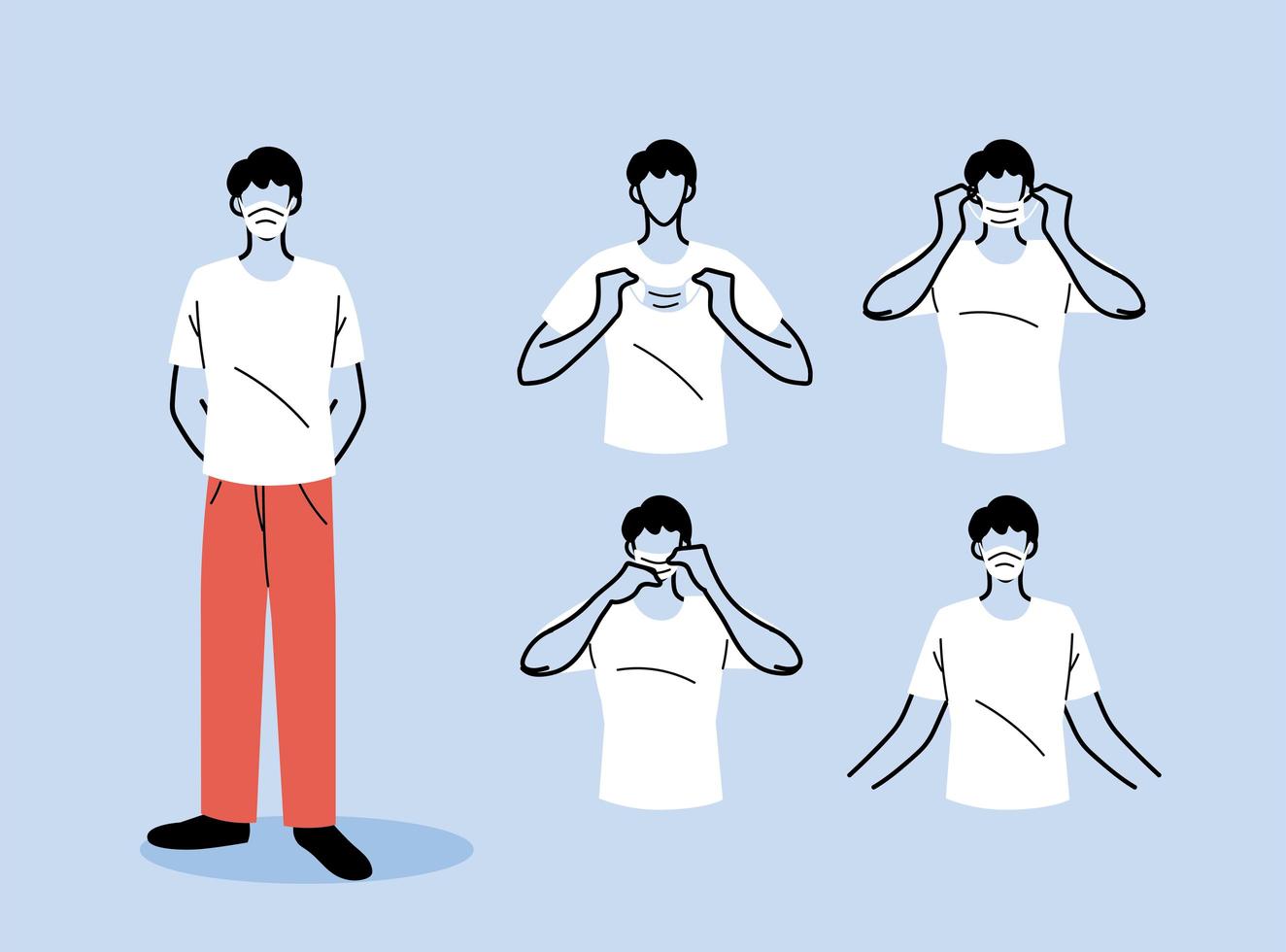 how to wear a mask correct, men presenting the correct method of wearing a medical mask vector