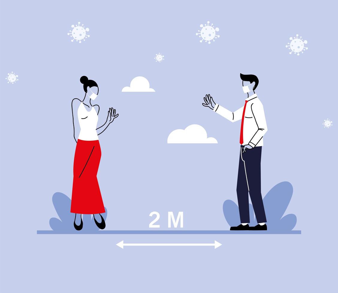 Social distancing between woman and man with masks vector design