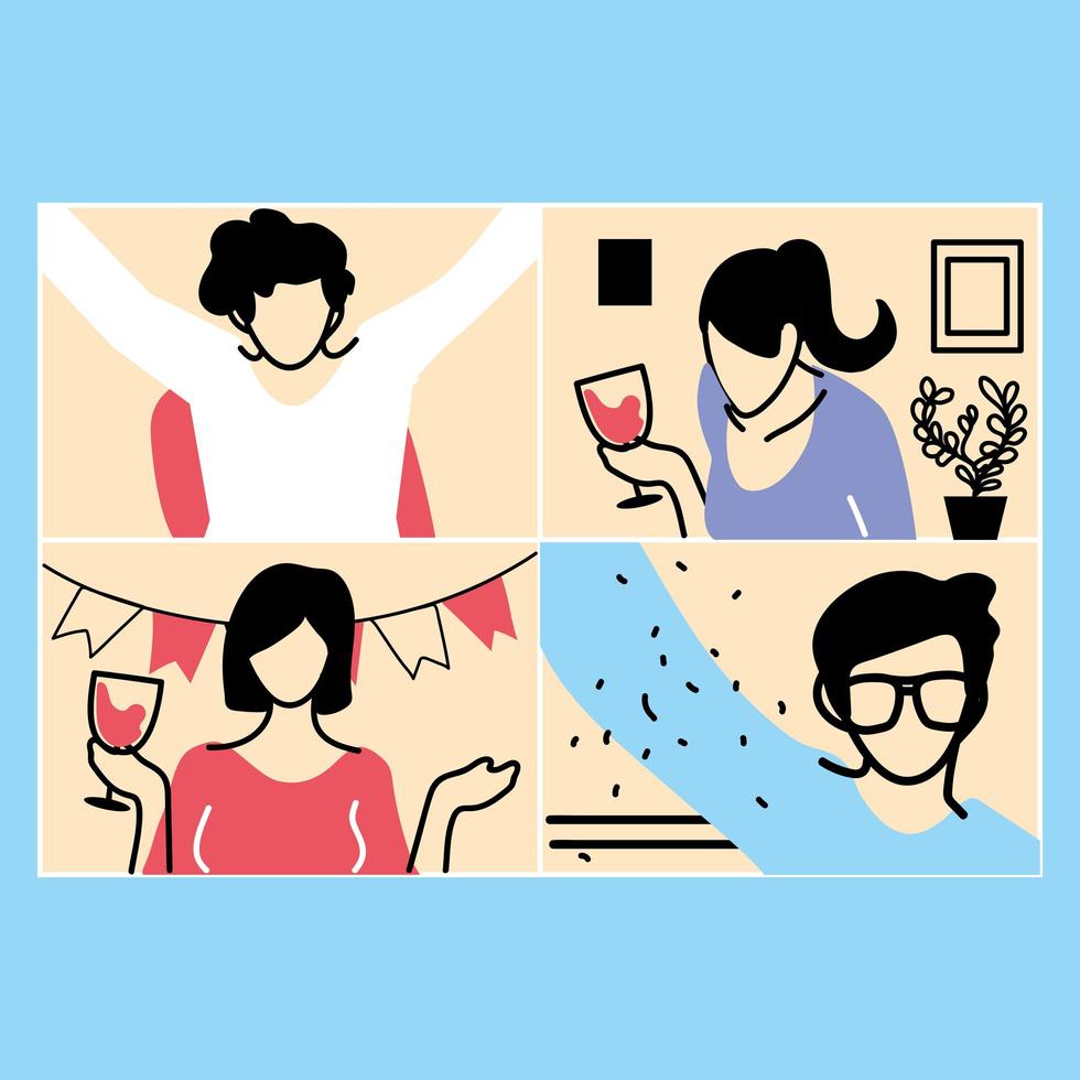 People in video chat frames celebrating vector design