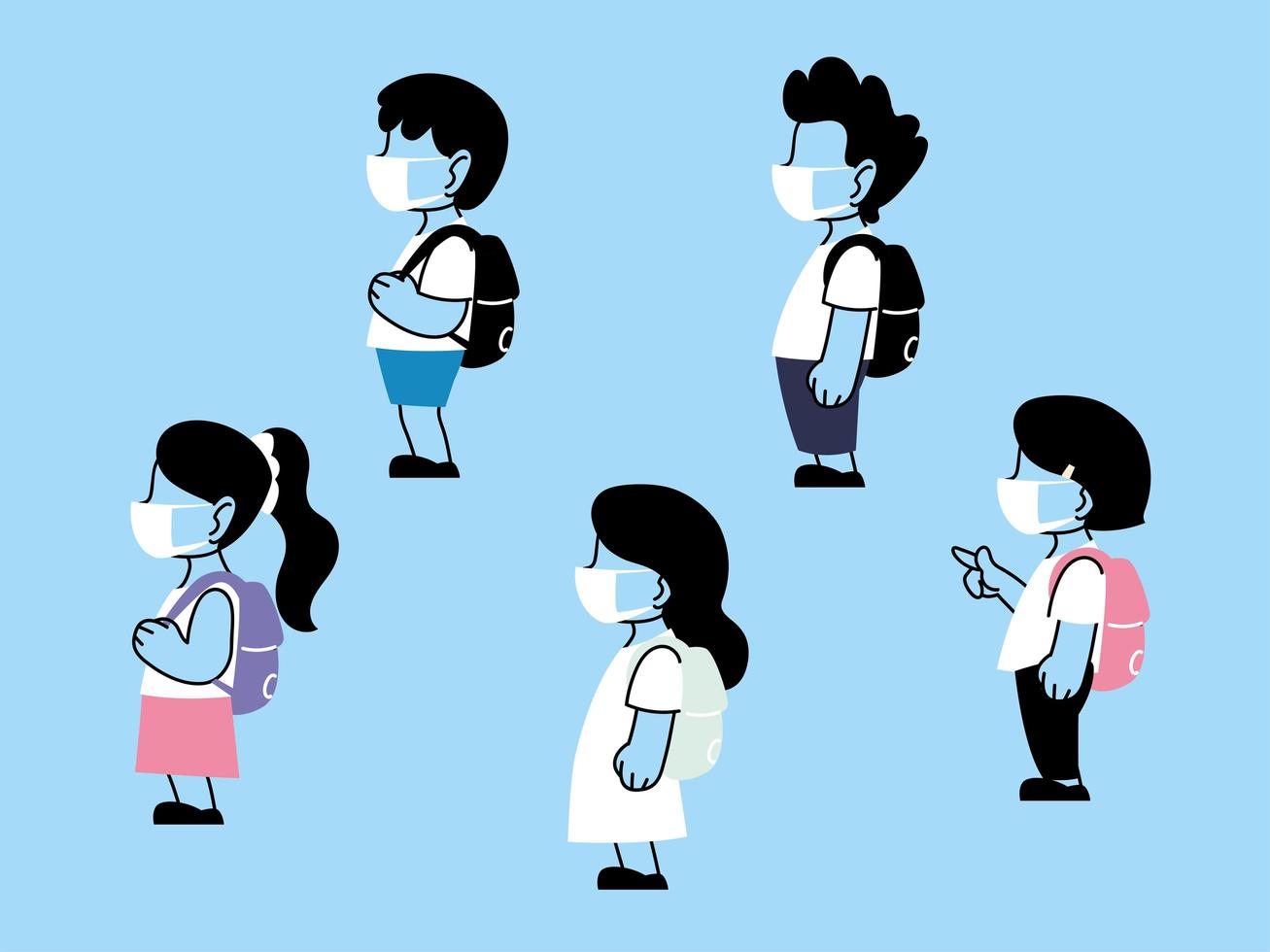 set of kids wearing face mask and social distancing, back to school vector