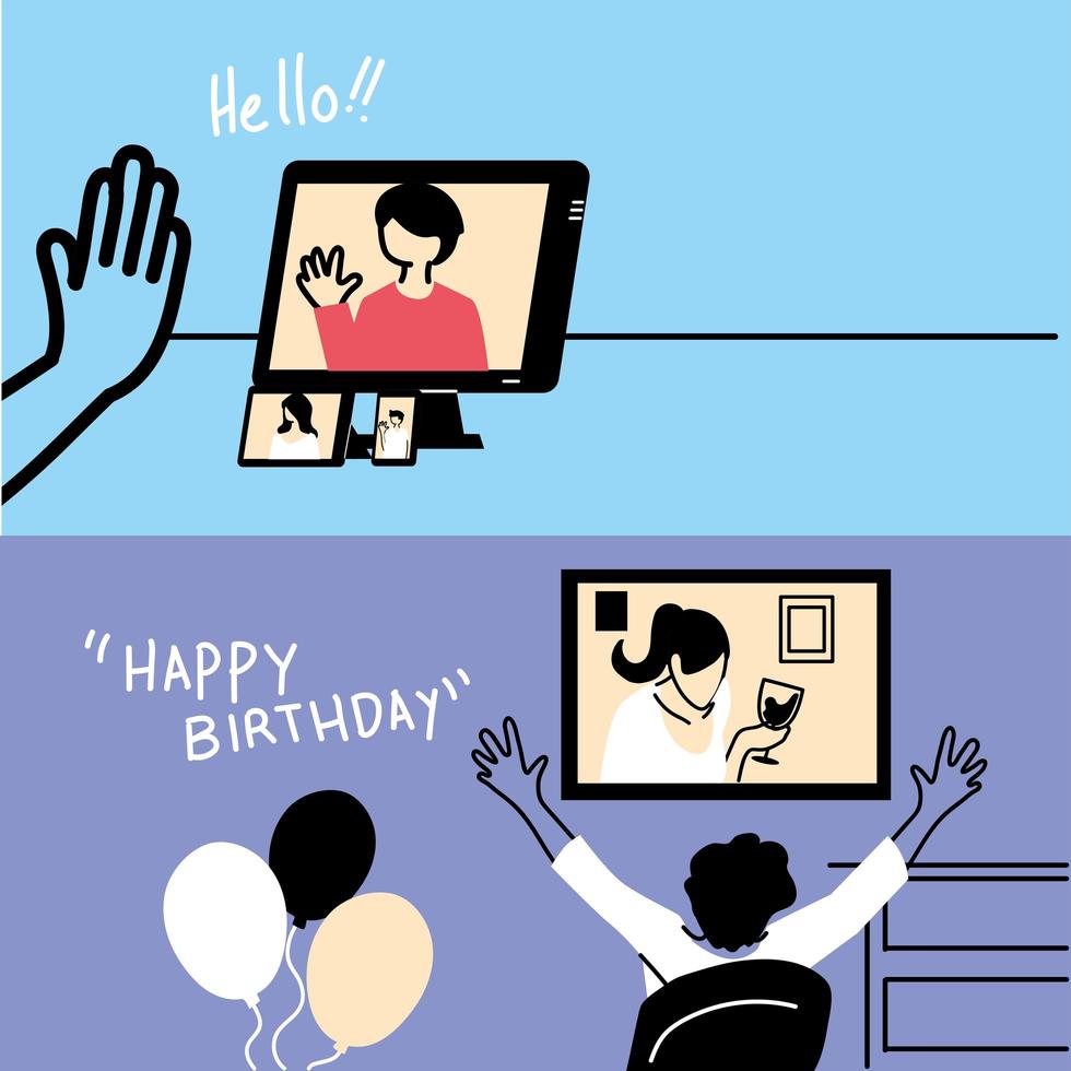 People in video chat celebrating vector design