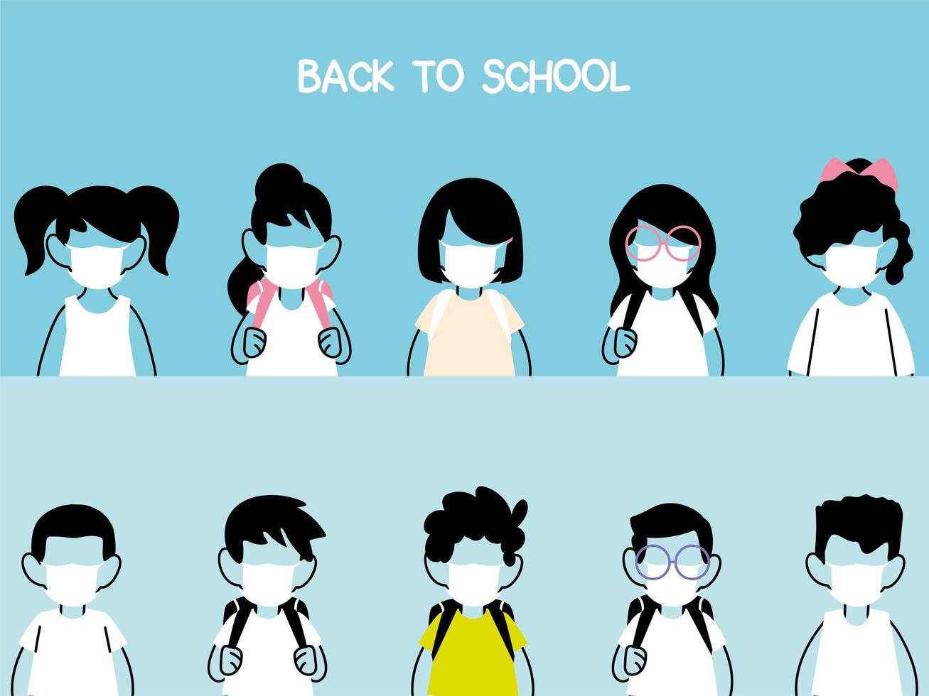 Regreso a la escuela, grupo de niños con mascarilla y distanciamiento social. vector
