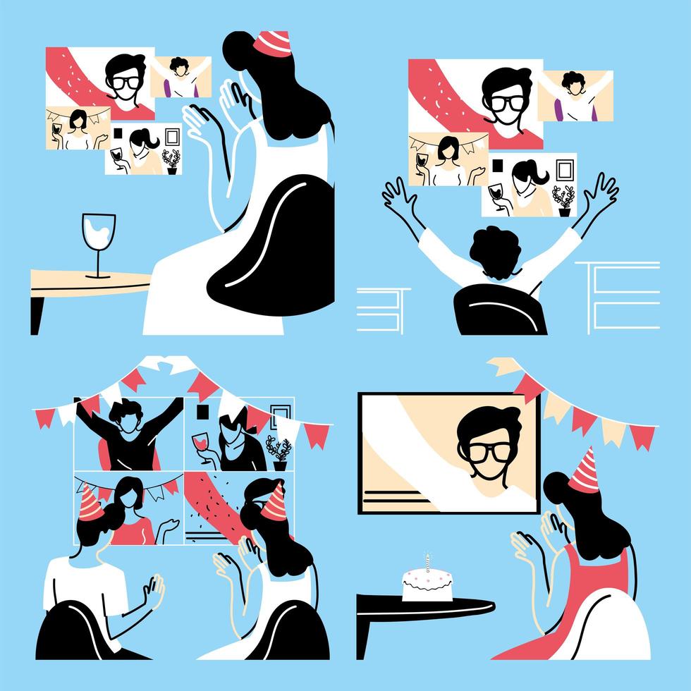 People in video chat celebrating vector design