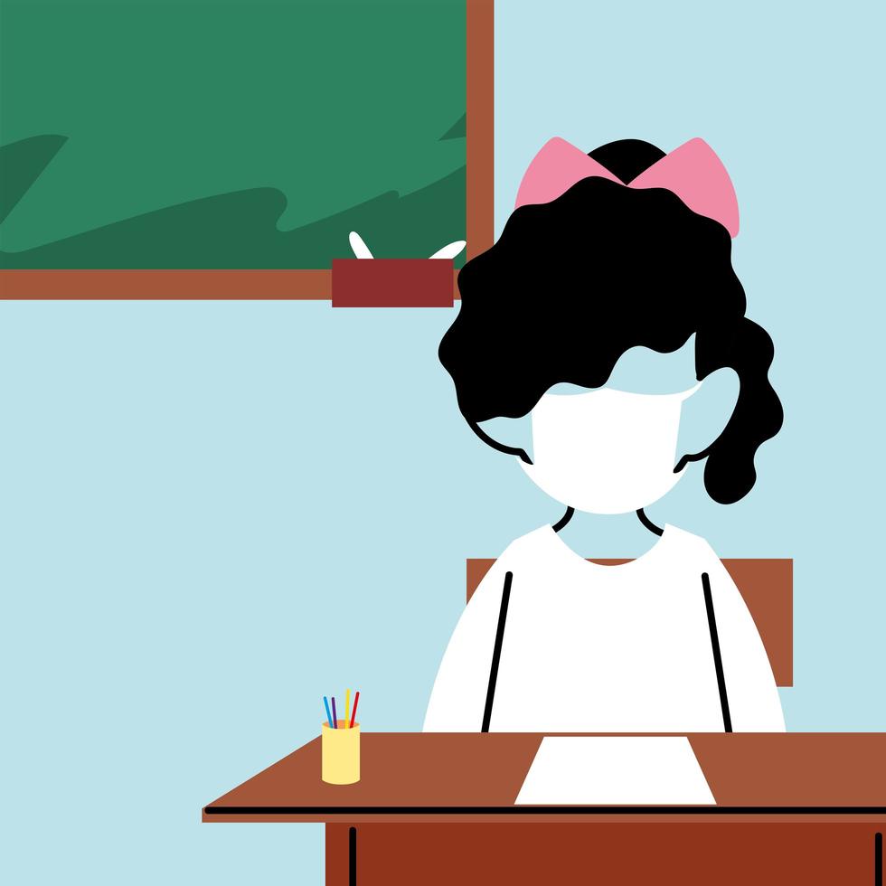 girl with a face mask in the classroom, protection from coronavirus or covid 19 vector