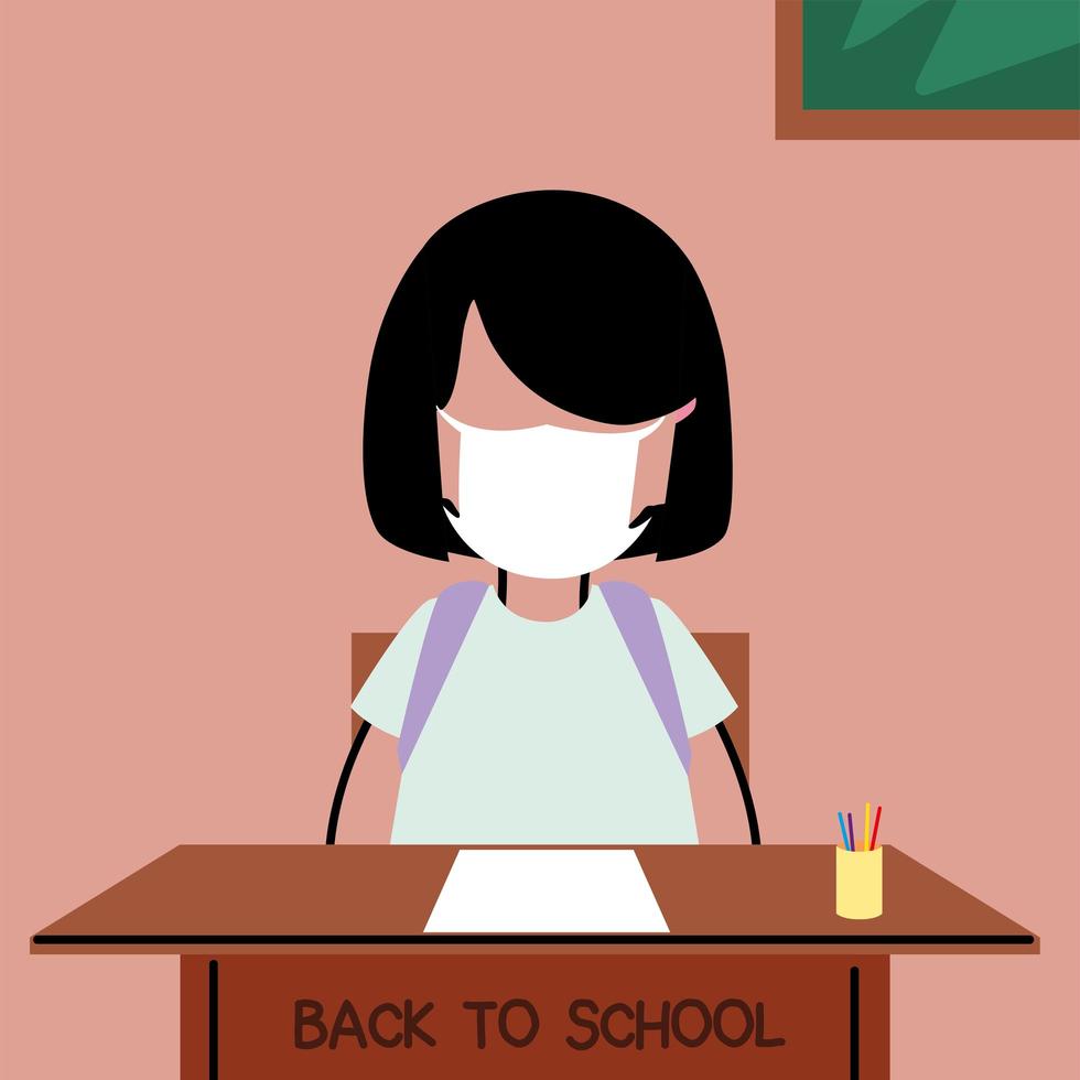 back to school, girl studying in classroom with face masks vector